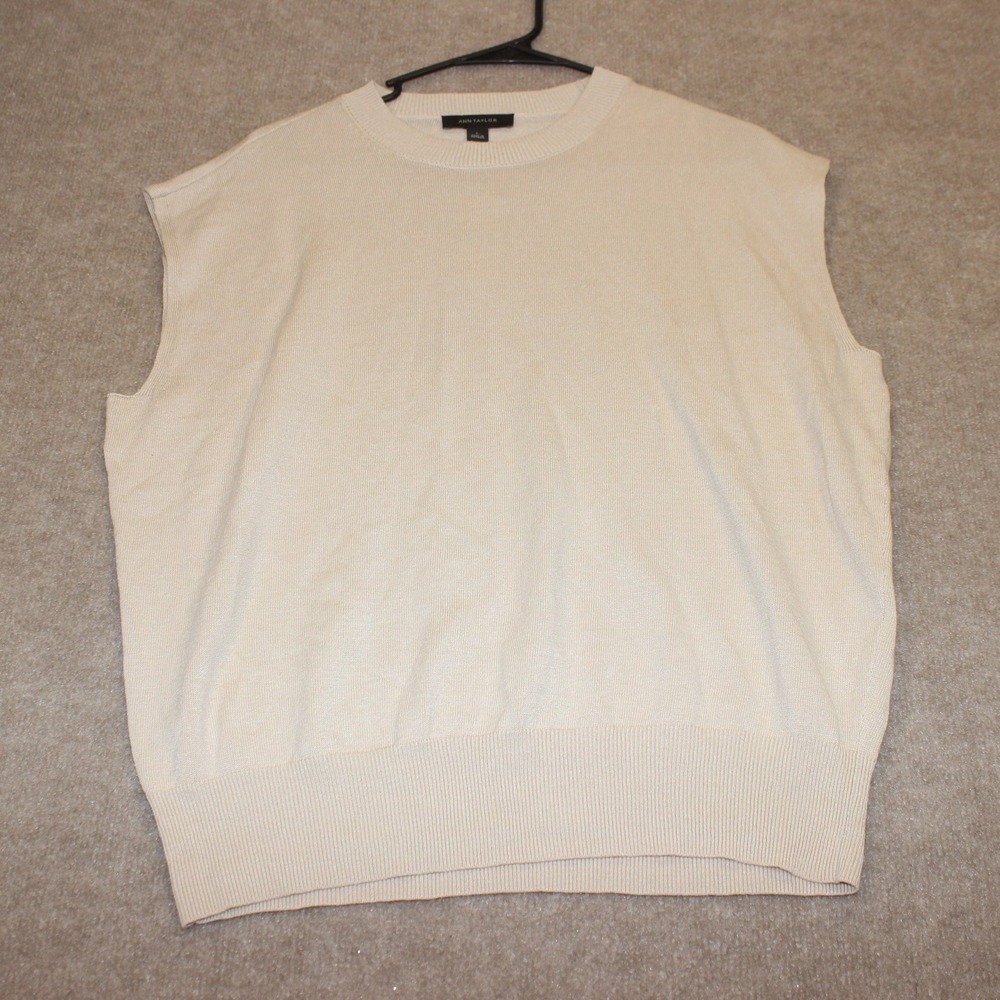 Ann Taylor Womens Large Cream Beige Linen Blend Sleeveless Sweater Vest Knit Top